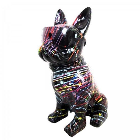 Statue Chien Dogue Allemand Multicolore Sur Fond Noir - 120 Cm XXL - Résine Décorative Neuve
