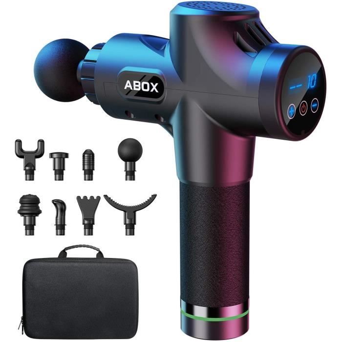Pistolet de massage - ABOX - Masseur musculaire électrique avec 8 têtes de massage et 30 vitesses, jusqu'à 3,200 tr/min