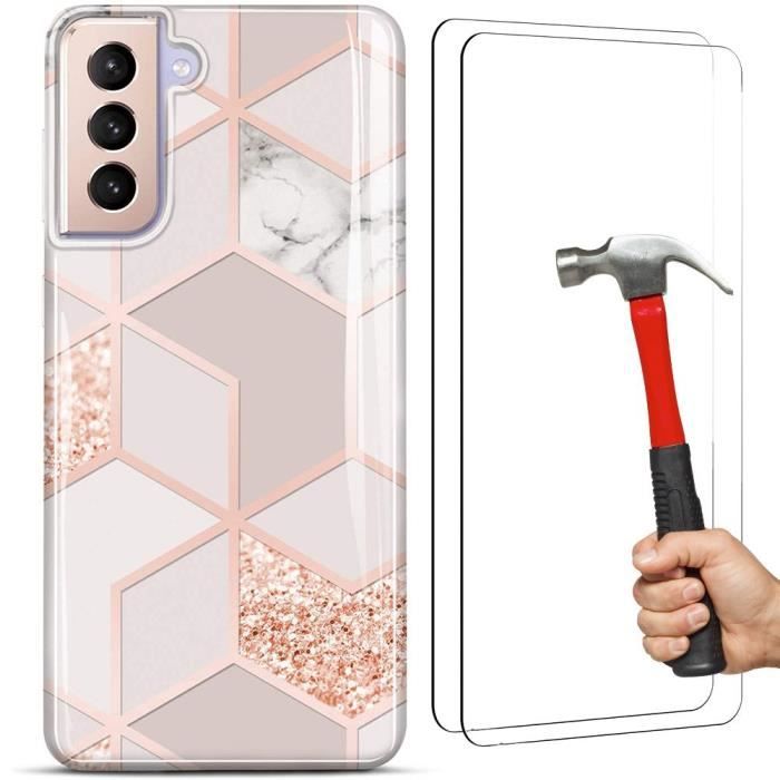 Coque + 2 Verres Trempés pour Samsung Galaxy S21, Coque Slim Elégant Motif Marbre Rose Antichoc