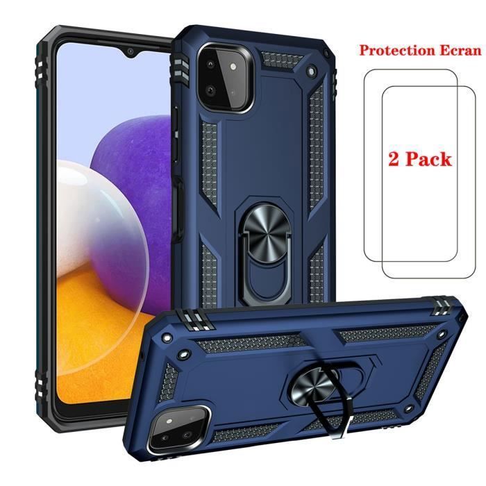 Coque Samsung Galaxy A22 5G Coque avec Anneau Support Armure Coque Bleu + HD Verre Trempé Samsung Galaxy A22 5G