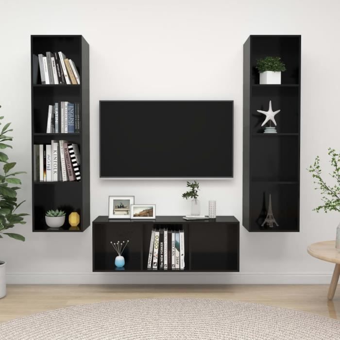 WONG Ensemble de meuble TV suspendu 3 pcs Noir brillant Aggloméré