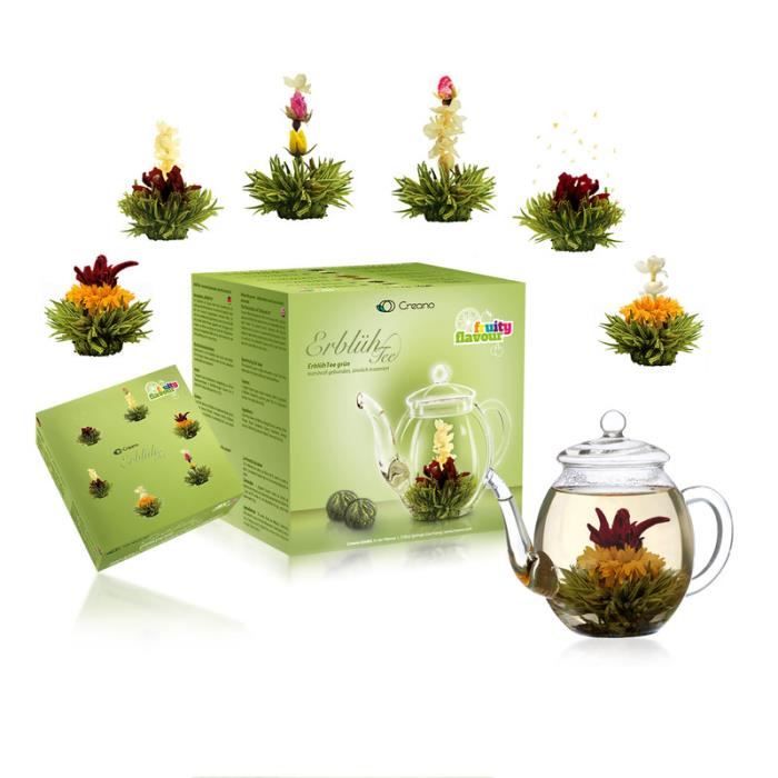 Mélange de fleurs de thé Creano - Coffret de fleurs de thé avec pot en verre Thé vert Roses de thé en 6 variétés