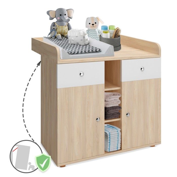 Infantastic® Commode à Langer - 2 Tiroirs, 90 x 69 x 92 cm, Chêne - Table, Plan à Langer, pour Bébé, Chambre d'Enfant