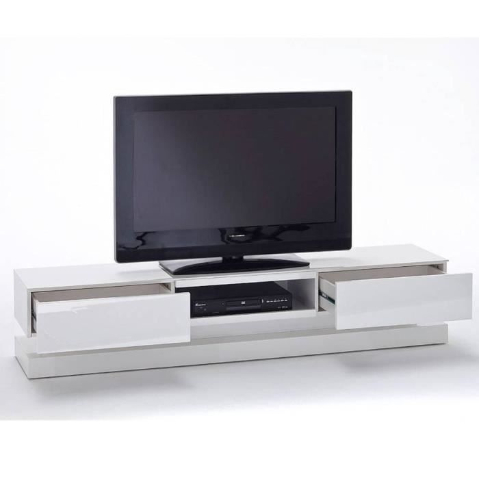 Meuble TV design SHIVA 2 tiroirs laqué blanc brillant éclairage led intégré blanc chêne Inside75