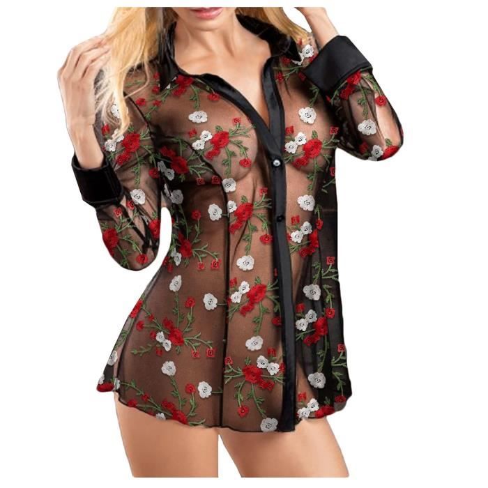 SOUTIEN-GORGE Nouvelle chemise en maille transparente florale brodée femmes Sexy Bodydoll Lingerie Tops S-3XL