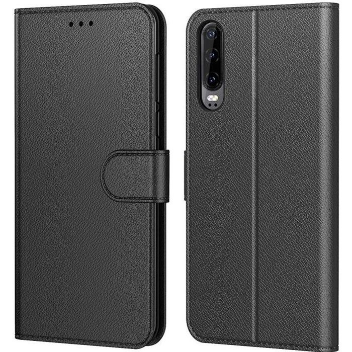 New&Teck Coque Huawei P30, Pochette Etui Housse P30 Cuir à Clapet avec Fermeture Magnétique et Multifonctionnel Noir