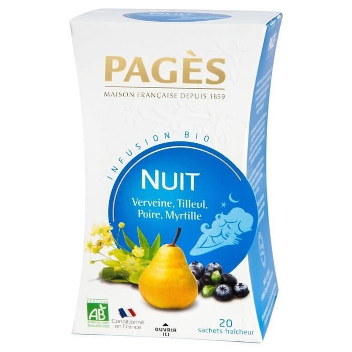 PAGES Infusion Bio Nuit Verveine Tilleul Poire Myrtille - 20 sachets