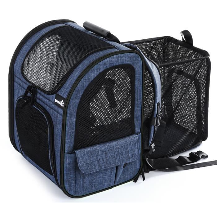 Pecute Sac à Dos Transport Chat Chien, Respirant Extensible Pliable, Tissu Oxford, avec Matelas en Peluche Amovible, Bleu