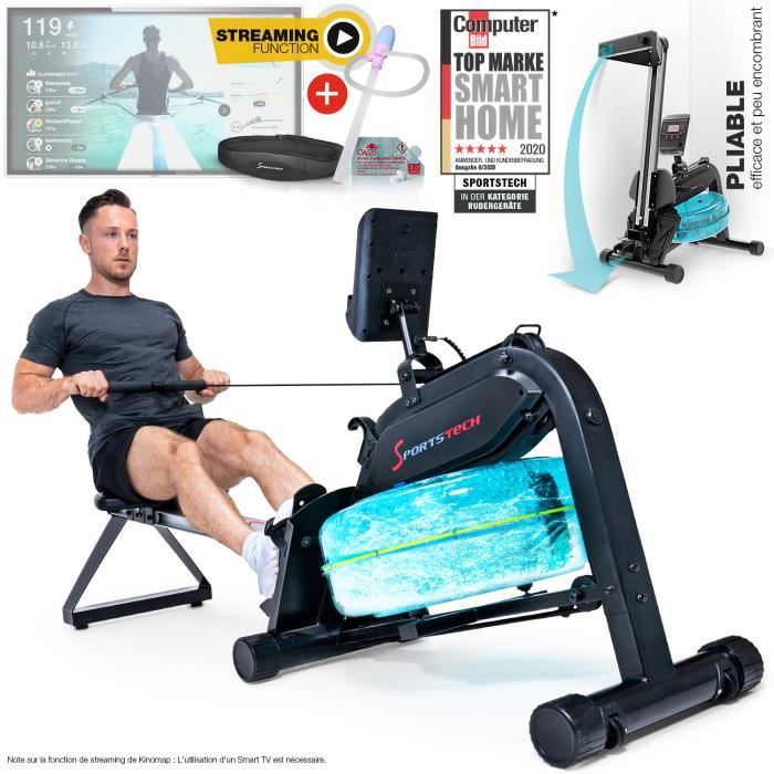 WRX400 - Sportstech Premium Water Rowing Machine - Video Events & Multiplayer APP - rameur siège Ergonomique & Rail en Aluminium