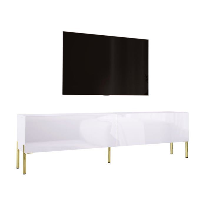 Meuble TV en couleur Blanc mat / Blanc brillant avec pieds droits en or D: L: 170 cm H : 52 cm P : 32 cm.