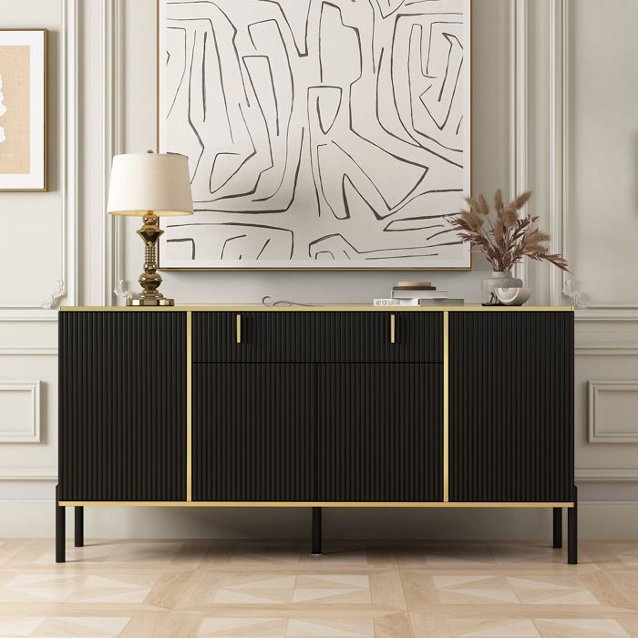 Buffet Moderne 150 Cm De Large - 4 Portes Brillantes, Poignées Dorées - Blanc, MDF/PB - Étagères Réglables, Pieds Dorés