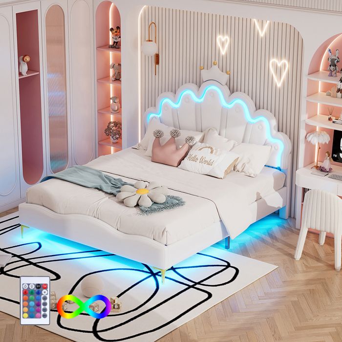 Lit jeune Lit coffre 140x200 cm Lit double rembourrage doux en cuir PU LED réglable blanc