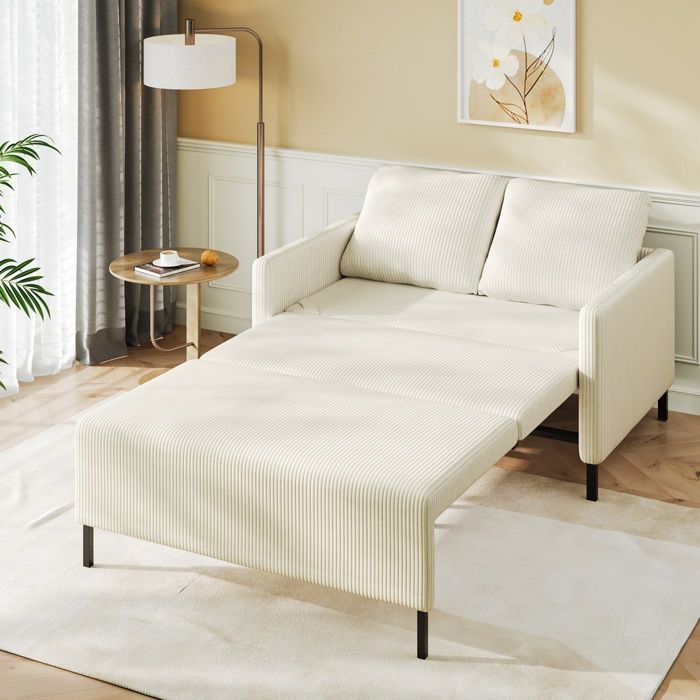 Canapé 2 Places Velours CôteléClic Clac ConvertibleStyle ScandinaveFauteuil Lit avec 2 Coussins pour Salon 120x78x87cmBeige