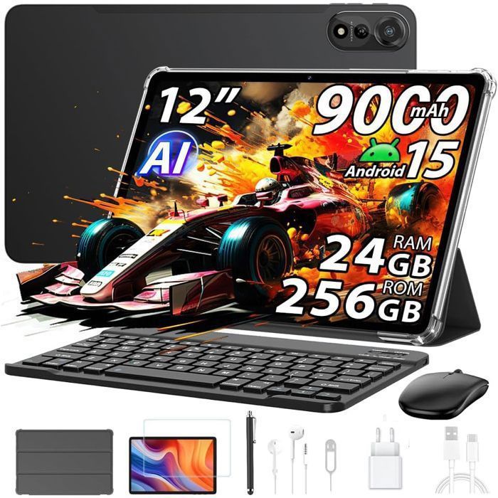 Blackview MEGA2 Tablette 12 Pouces 24Go 256Go Android 15–Écran 2.4K Widevine L1–WiFi 5G 9000mAh avec Clavier Souris-Étude Travail