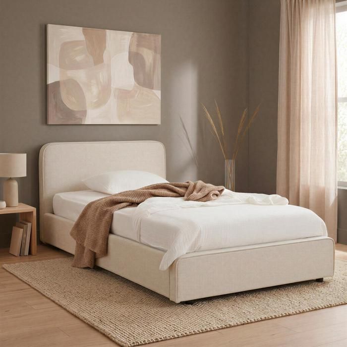 Lit simple BELARTI 90x190 cm rembourré Revêtement en tissu Lit style moderne pour 1 personne sommier inclus Blanc crème Lit simple BELARTI 90x190 cm rembourré Revêtement en tissu Lit style moderne pour 1 personne sommier inclus Blanc crème