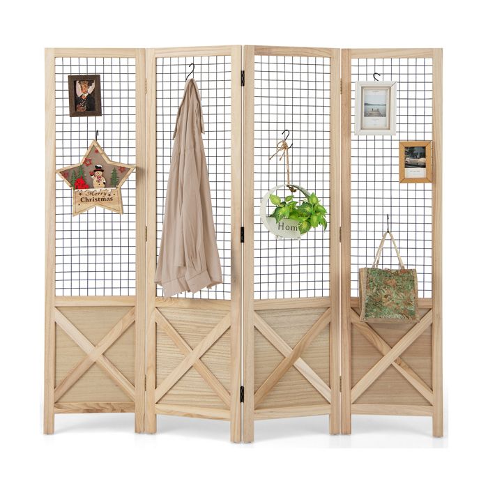 COSTWAY Paravent 4 Panneaux Pliable 151 x 144 cm en Bois de Paulownia Utilisation à lintérieur et à lextérieur Nature