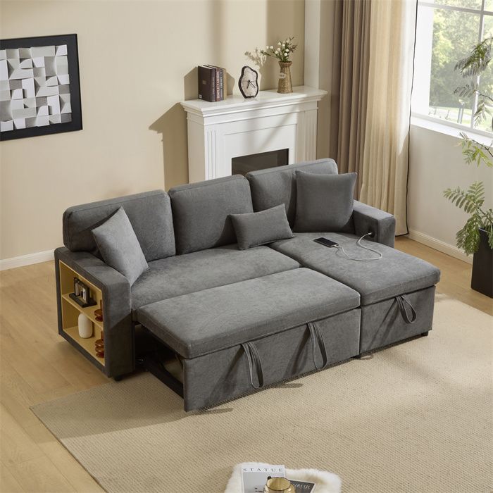 DRIPEX Canapé 3 Places en forme de L Canapé-lit convertible avec Port USB Coffre et étagère de rangement intégrée Gris