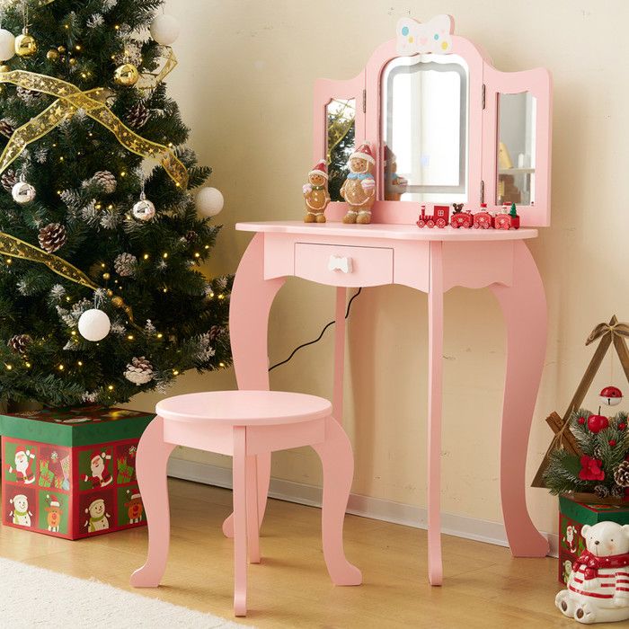 Coiffeuse pour Enfants avec Miroir à Trois Volets Tabouret et Lampe LED Tactile 3 Couleurs (Rose)
