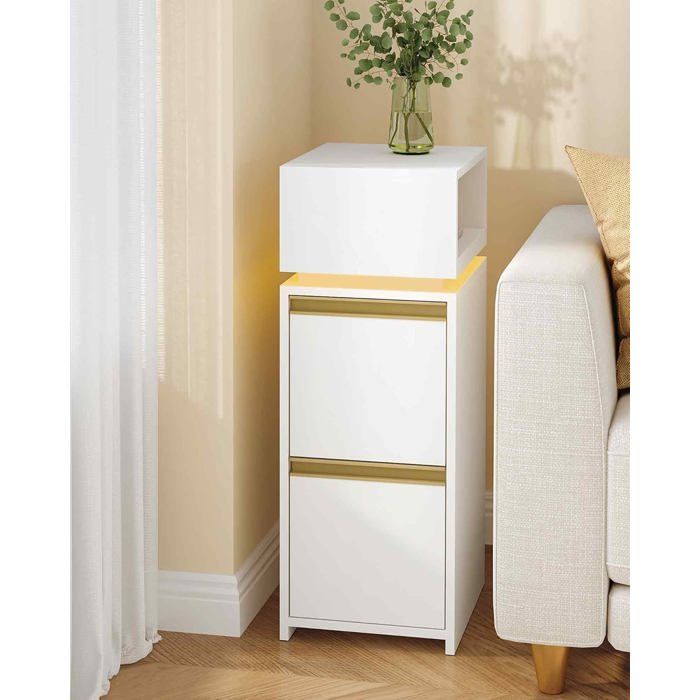 Table de Chevet Étroite Tables de Chevet avec Lumière LED Tables de Nuit avec 2 Tiroirs et 1 Compartiment Ouvert Blanc