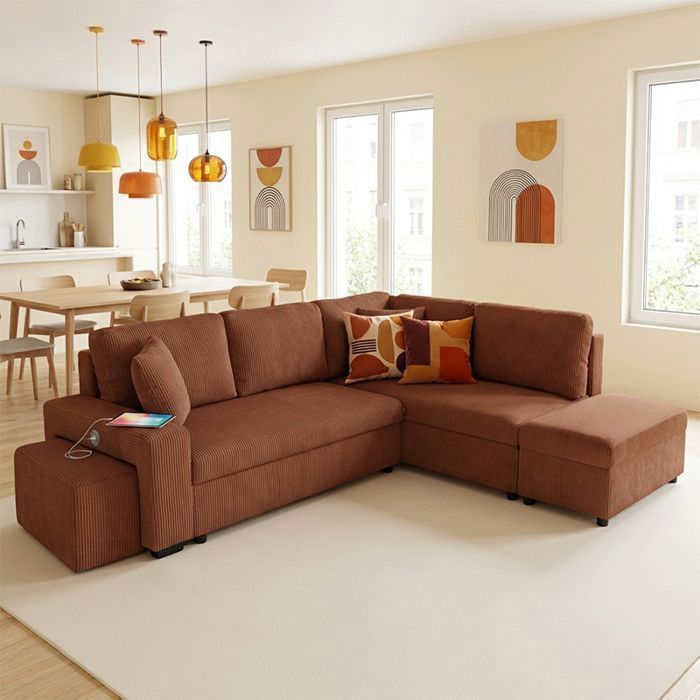 VEGA Canapé dangle reversible convertible TERRACOTTA (velours côtelé ) - Taille L - 5 places - 258 x 157 x 83
