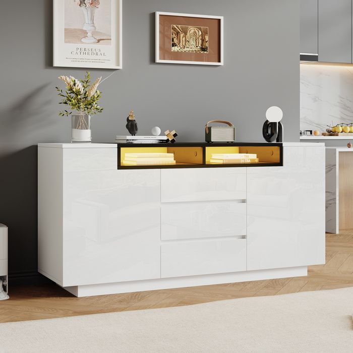 140 * 60 * 48cm Salon Sideboard avec 2 portes en forme de L armoire de séjour avec séparateurs réglables et lampes LED armoire