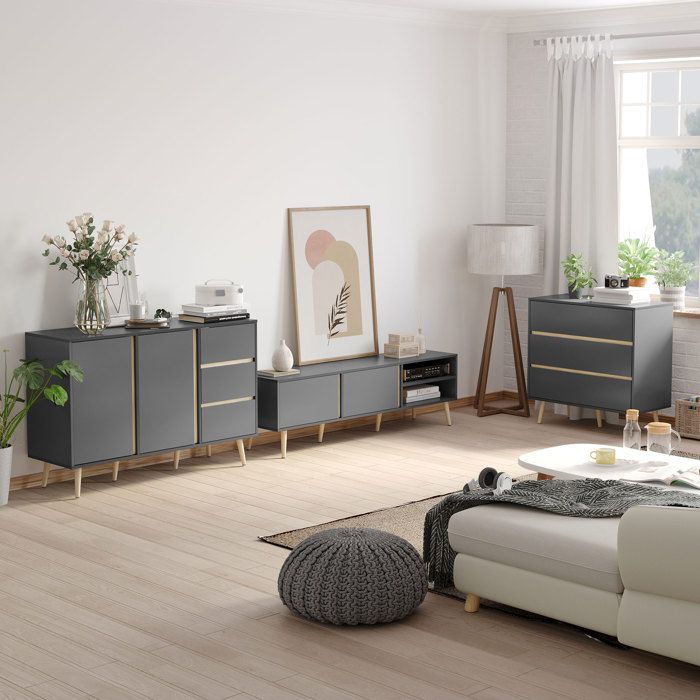 Buffet bas meuble de rangement sur pieds style scandinave 2 portes 3 tiroirs 120 x 40 x 81 cm gris anthracite