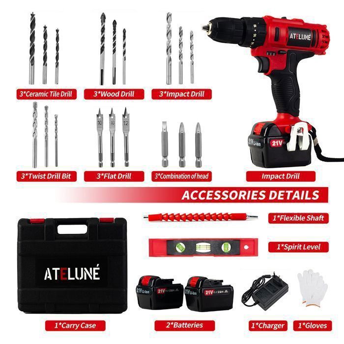 ATELUNÉ Perceuse visseuse à percussion sans fil 21V avec 2 batteries lithium et 20 accessoires pour bricolage