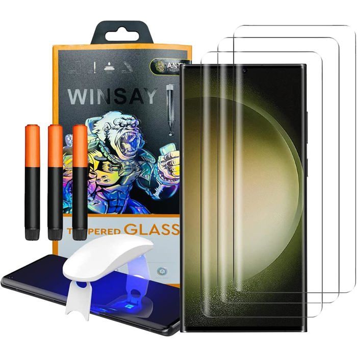 NOVAGO Compatible Samsung Galaxy S23 Ultra 5G - 3 Films vitre protection écran verre trempé incurvé avec colle et mini lampe
