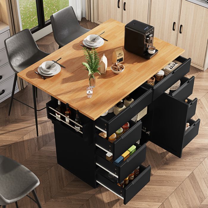 Îlot de cuisine avec 8 tiroirs table à manger extensible 122x46-74.5x91.5 cm meuble rangement mobile avec plateau MDF noir