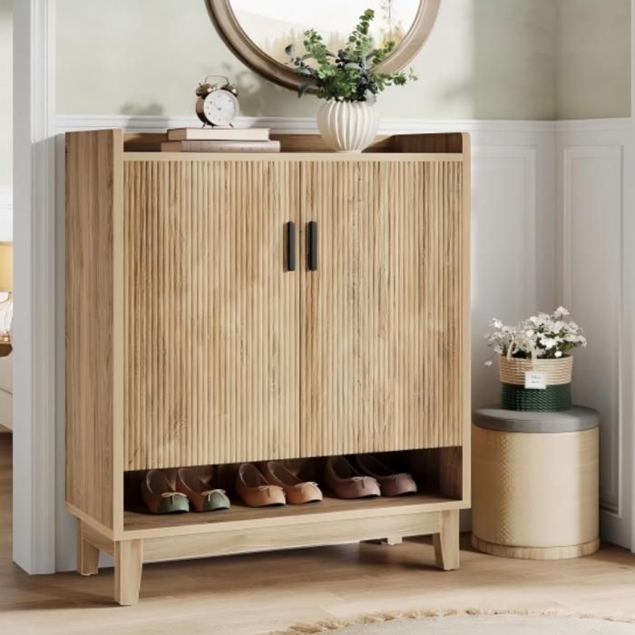 Meuble à chaussures 2 portes avec étagères en bois pour entrée couloir salon 80x35x110cm