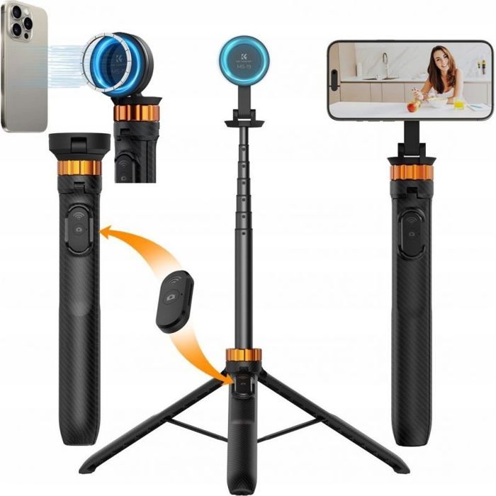 KF Perche selfie convertible en trépied 162 cm pour MagSafe - Télécommande Bluetooth - Noir