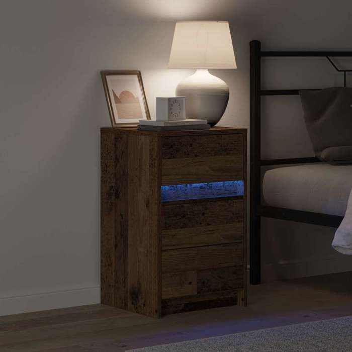 Table de chevet en bois dingénierie - vidaXL - 38x34x61 cm - Bois ancien - 3 tiroirs - Éclairage LED USB