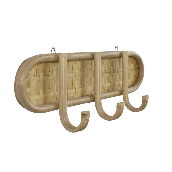 Porte-Manteaux - Box and Beyond - 41 5 x 11 x 15 cm - Rotin et Bambou Naturel - Mural - 3 Crochets - Vêtements Vestes Manteaux