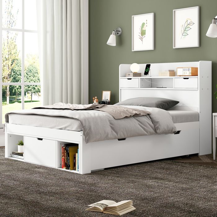 Lit 90x200 cm en pin blanc avec ports USB et tiroirs – Lit multifonction pour enfant et adolescent