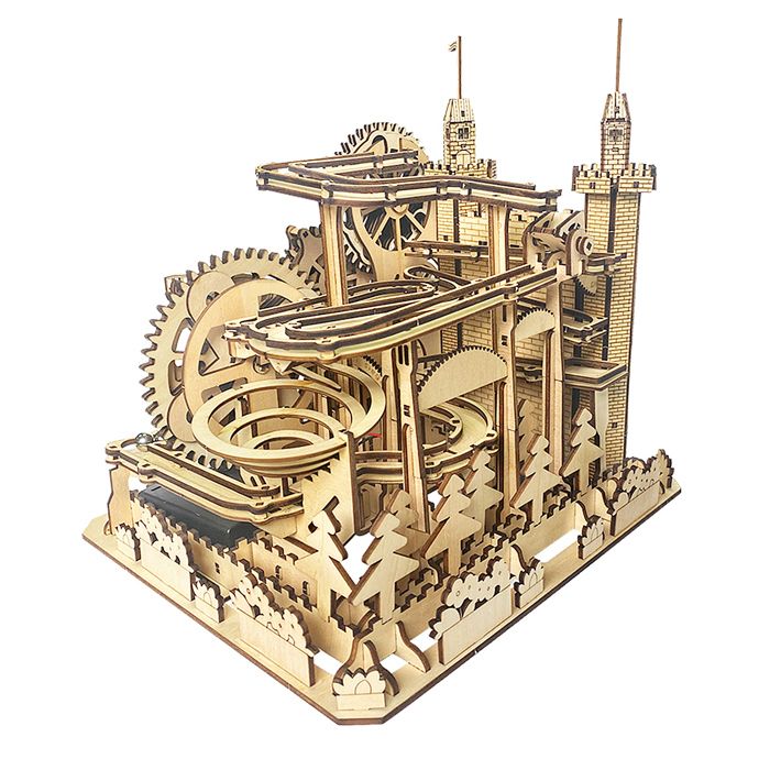 DAM Maquette en bois 3D avec mouvement mécanique design de piste à billes Château. 400 pièces. 24 5x21x24 cm. Couleur : Multicolore