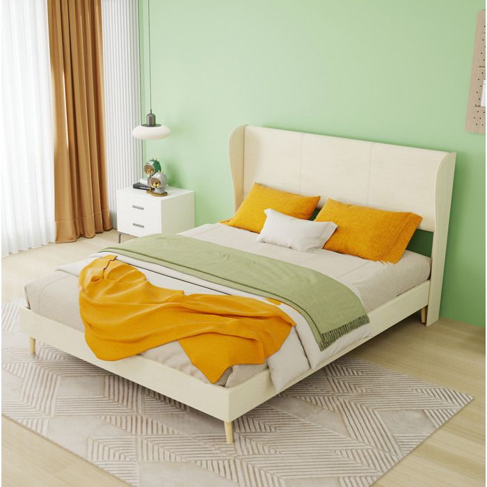 Maisentiel Cadre de lit 140 x 200 cm beige avec tête de lit rembourrée et sommier à lattes