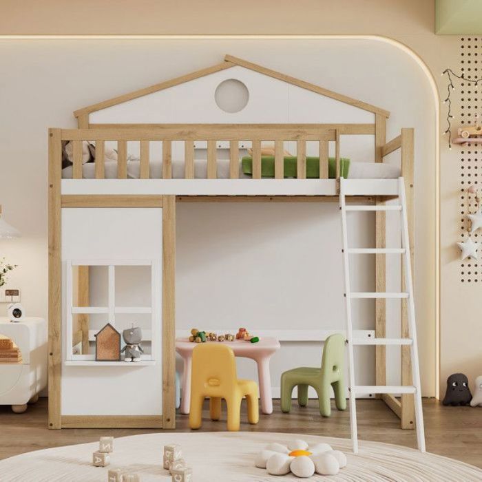 Lit Superposé Cabane Enfant 90x200 cm Blanc/Naturel Escalier Barrière Anti-Chute Toit Fenêtre Couchage Modulable blan LIT MEZZANINE