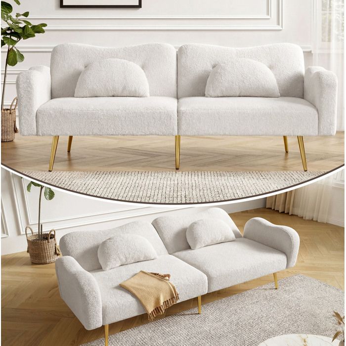 Canapé convertible 2 places avec 3 positions (105°/135°/180°). tissu mélange laine. pieds métal . 175x79×82 cm. blanc