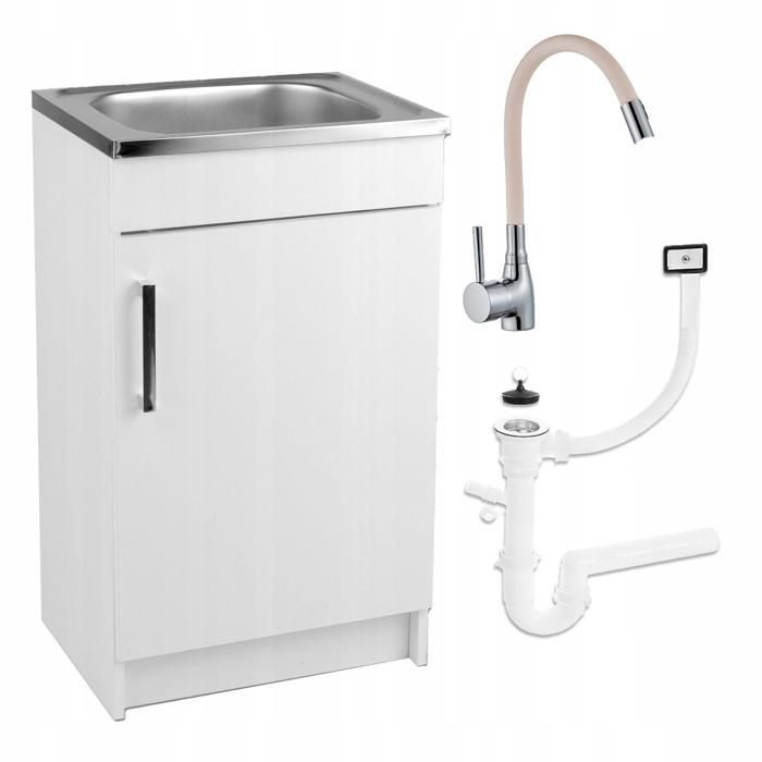 STAMAR Meuble sous Évier 50 cm Blanc + Évier Inox + Robinet Extensible Beige + Siphon LV - 50x40x82 cm
