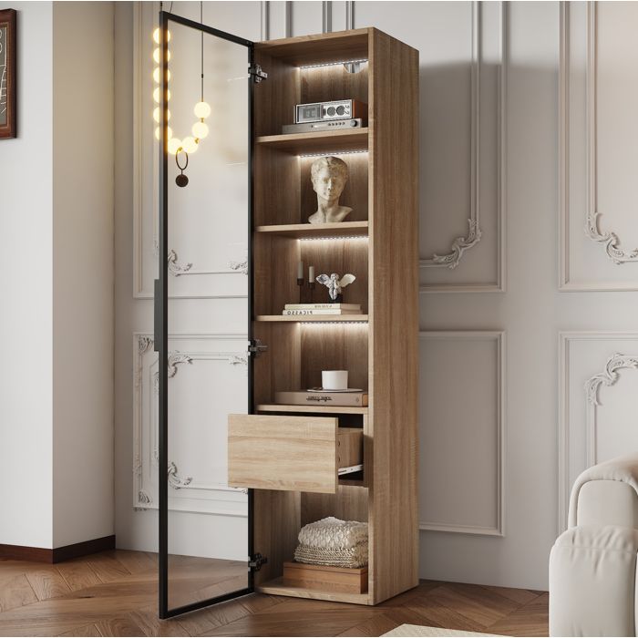 Meuble de rangement de salle de bain naturel en MDF avec porte en verre trempé