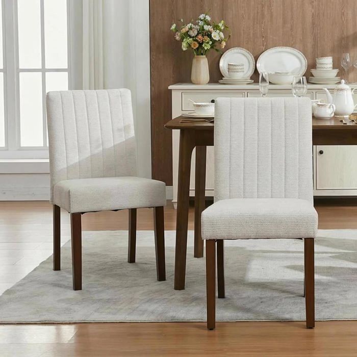 AFF CHAISE-Lot de 2 chaises de salle à manger rembourrées en tissu pieds en bois revêtement lin beige rayures verticales beige