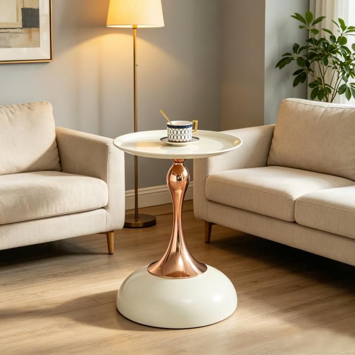 Table dappoint ronde moderne 38cm blanc et or piètement métallique salon chambre chevet balcon coin lit 38x38x54cm