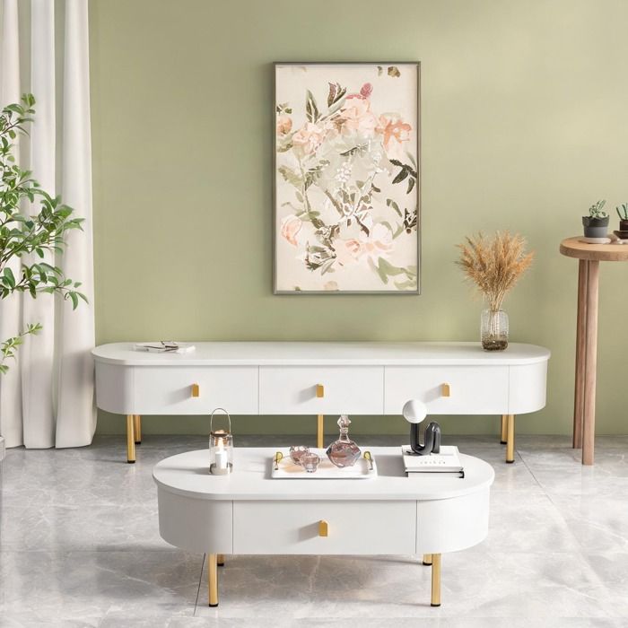 Ensemble meuble TV et table basse salon MDF laqué blanc et doré bords arrondis multiples tiroirs style contemporain