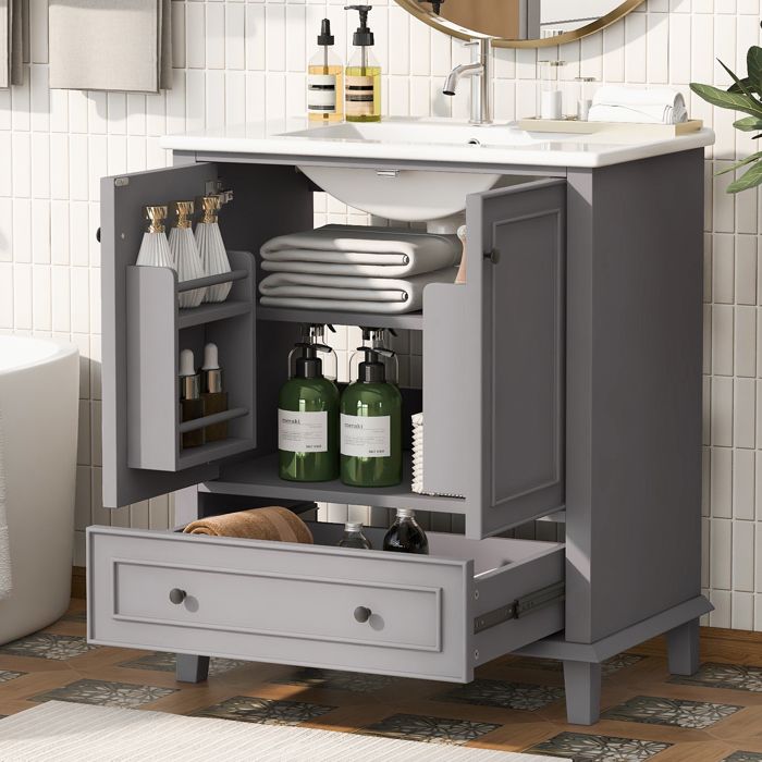 Armoire de salle de bain avec lavabo intégré - Dimensions 76x46x87 cm - Gris - MDF et céramique - Pieds en bois massif