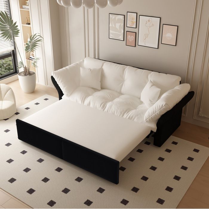 Canapé-lit banquette 3-en-1 2 places 190 cm convertible avec 2 coussins gain de place velours beige et blanc