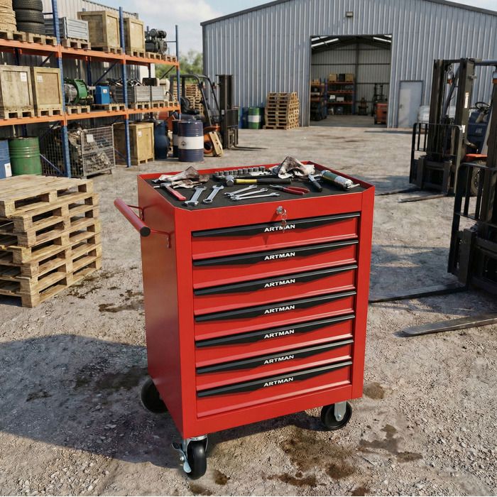 Servante atelier mobile 7 tiroirs en acier rouge et noir verrouillable à roulettes avec glissières à billes