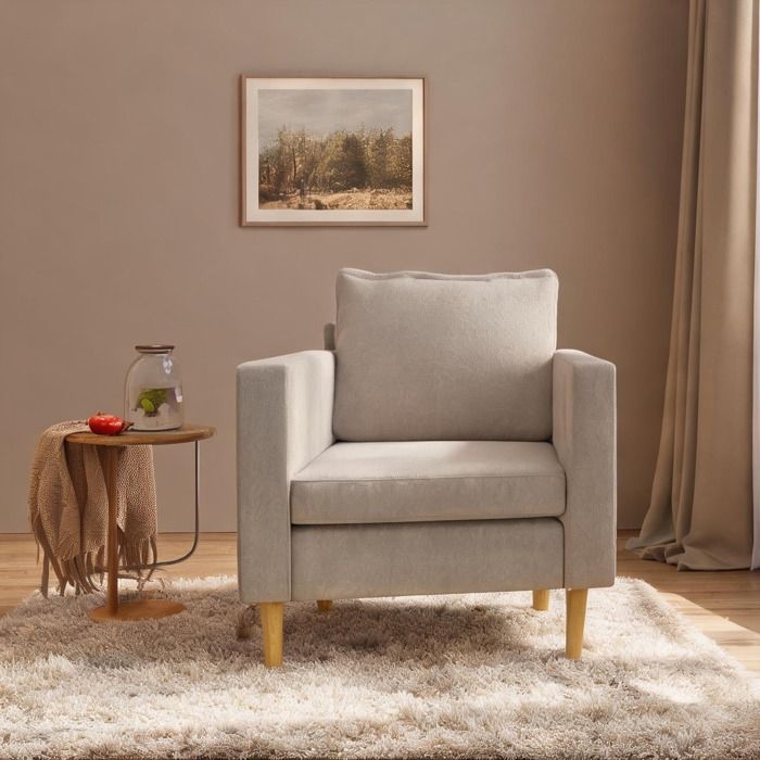 Fauteuil de lecture une place en chenille warm beige style scandinave poches de rangement latérales