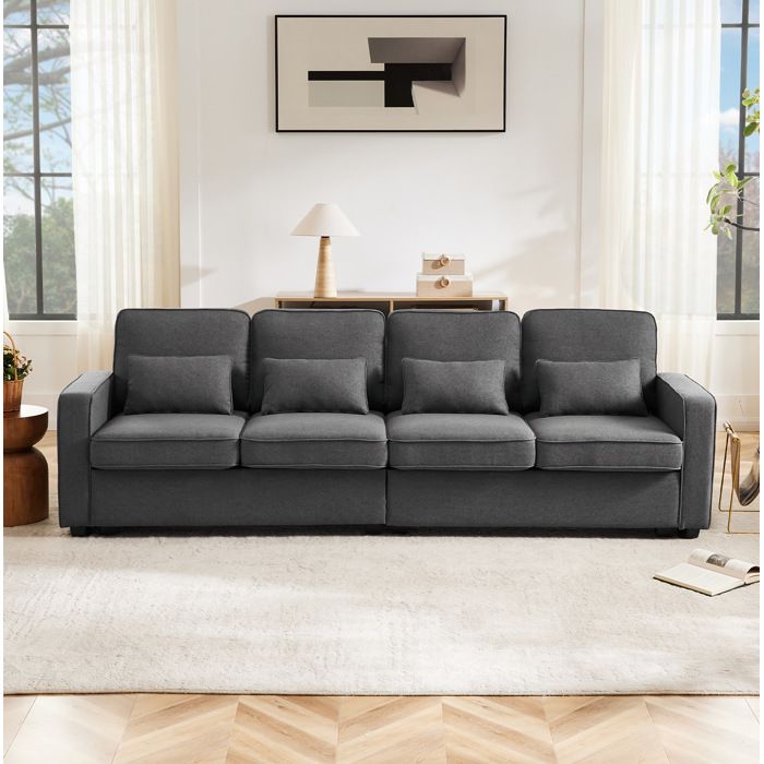 Canapé fixe 4 places AESVAR en tissu lin gris foncé avec 4 coussins et poches de rangement