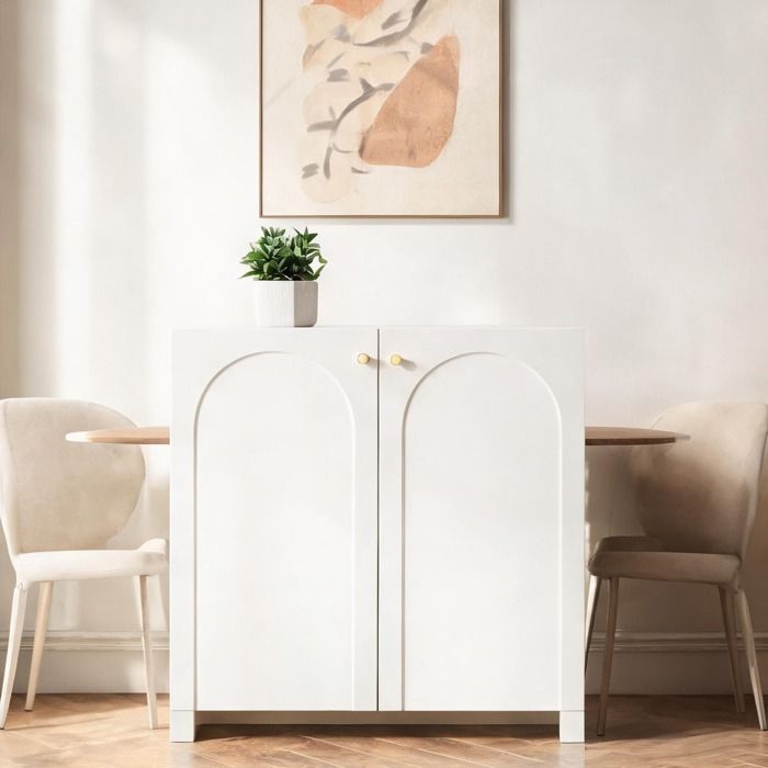 Buffet haut 2 portes 80x40x80 cm design arcade poignées dorées panneaux de particules blanc crème