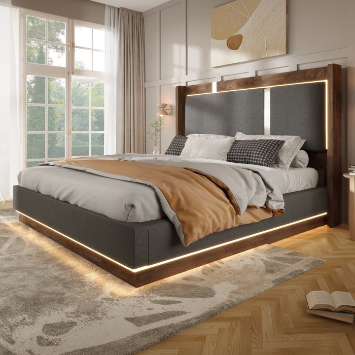 Lit coffre 180x200 avec LED -URTR coffre de lit hydraulique tête de lit tissu lin gris et finition noyer sans matelas